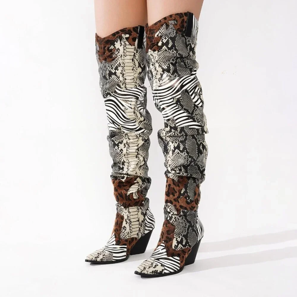 Cape Robbin Women's Animal Print Polyurethane Thigh High Block Heels Cowboy Boot